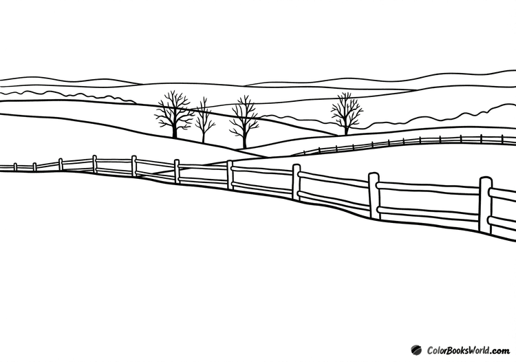 Cartoon-style snowy rolling fields divided by a simple wooden post-and-rail fence.
