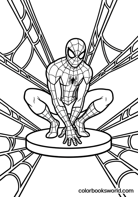 Spider-Man crouching on a round platform, poised to leap.