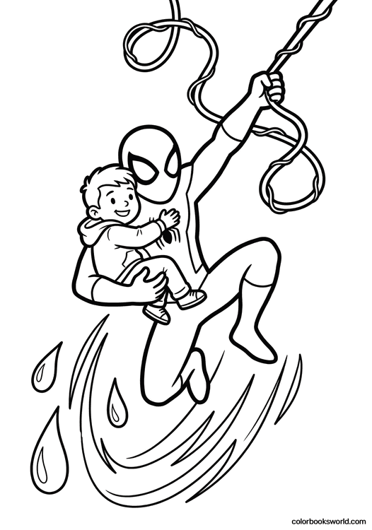 Spider-Man swings through the air, holding a rescued child safely in one arm.