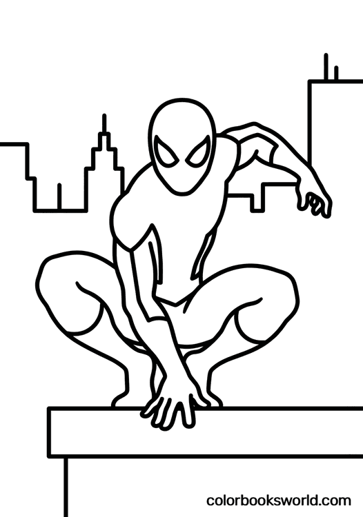 Spider-Man crouches on a rooftop edge, watching the city skyline behind him.