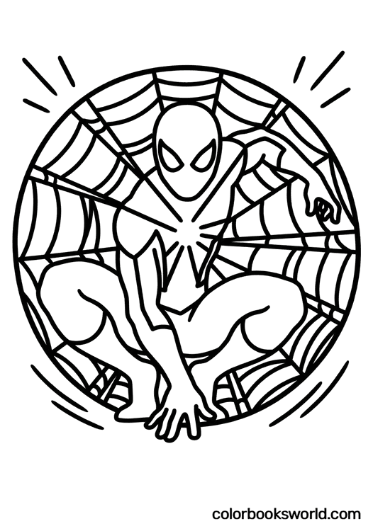 Spider-Man crouching inside a large circular spider web emblem with action lines