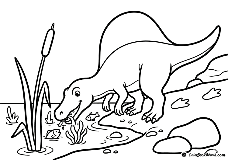 A friendly cartoon spinosaurus leans over a muddy marsh bank near a single reed, looking for food.
