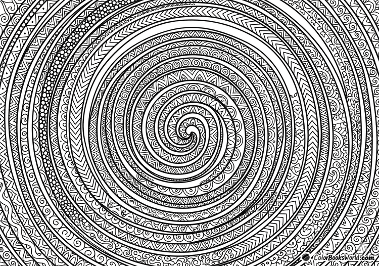 Intricate black and white line art of a large spiral with ribbons filled with dots, chevrons, and geometric ornaments.