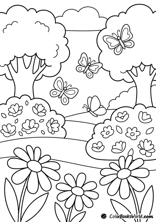Sunny forest glade with butterflies, flowering bushes, large daisies, and rounded trees.