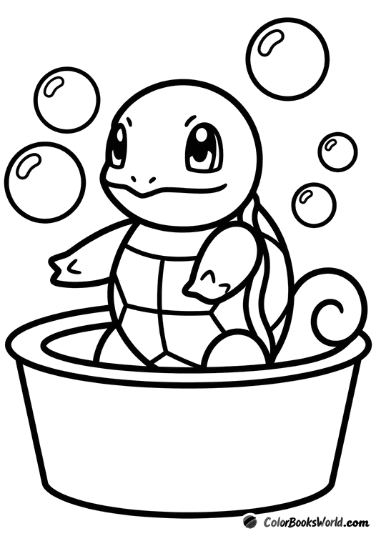 Squirtle sits in a small tub, surrounded by floating soap bubbles.