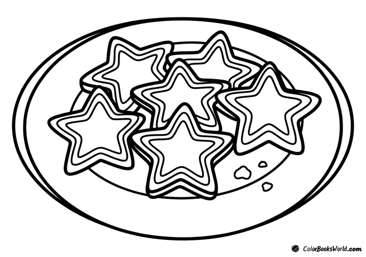 A round plate holding five star-shaped cookies with icing outlines and two small crumbs.