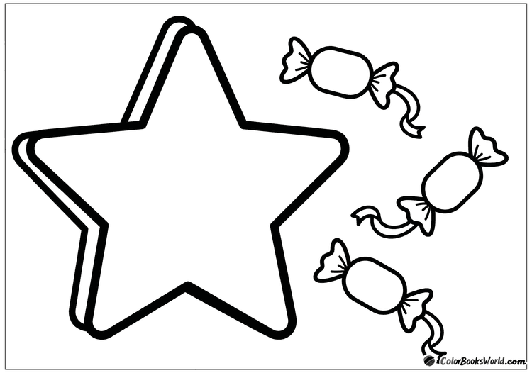 Star-shaped piñata with three wrapped candies and a decorative ribbon tail beside it.