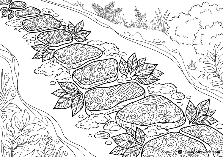 A winding path of patterned stepping stones and leaves through a peaceful garden landscape.