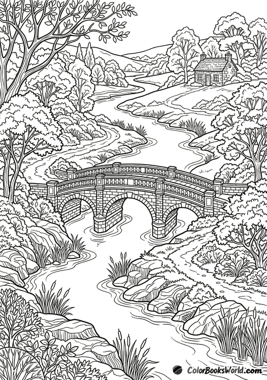 Line art of an arched stone bridge over a winding river, with a cottage and trees in a valley.