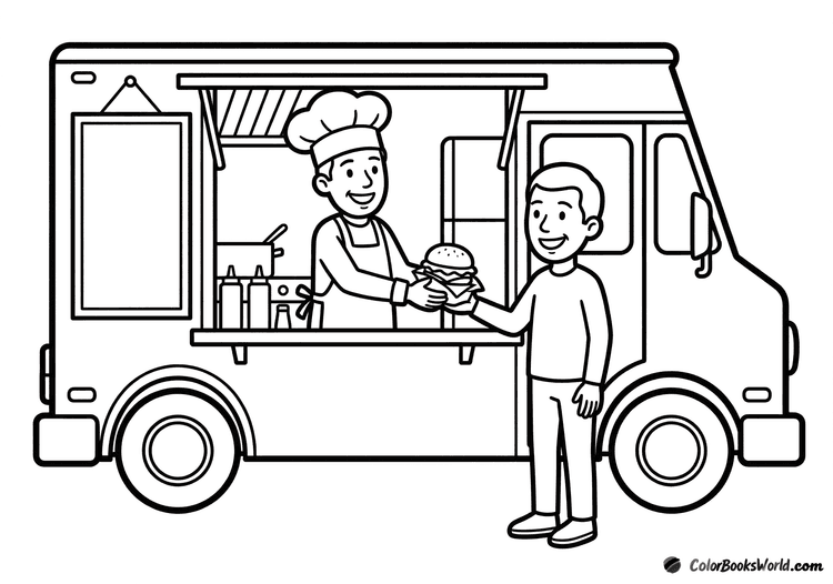 A chef in a food truck hands a delicious burger to a smiling customer standing outside.