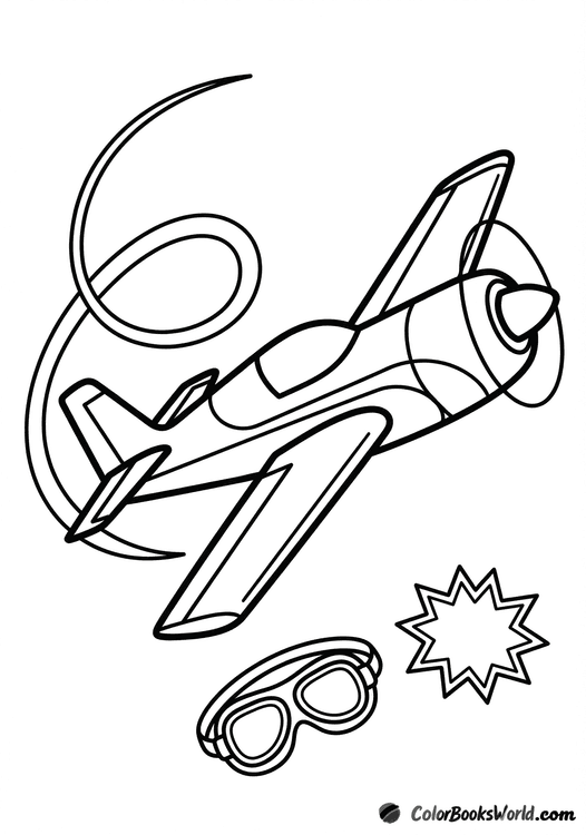 A stunt plane flies a looping trail in the sky with pilot goggles and a small star nearby.