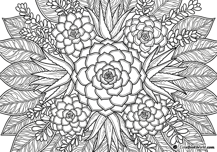 Botanical mandala with succulent rosettes, aloe-like leaves, and textured foliage in radial symmetry.