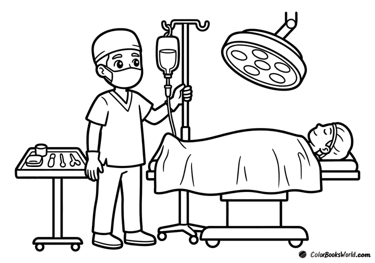 A surgeon in a mask checking an IV drip next to a patient on an operating table under a surgical lamp.