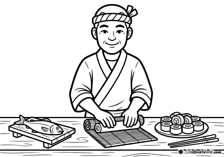 A sushi chef in a headband rolls sushi on a bamboo mat next to a plate of rolls and a fish tray.