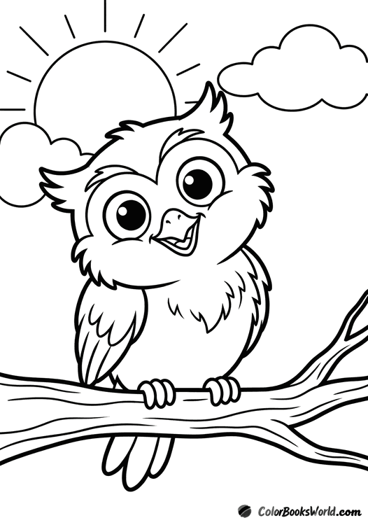 A cute big-eyed cartoon owl perched on a branch at sunrise, with fluffy clouds in the background.