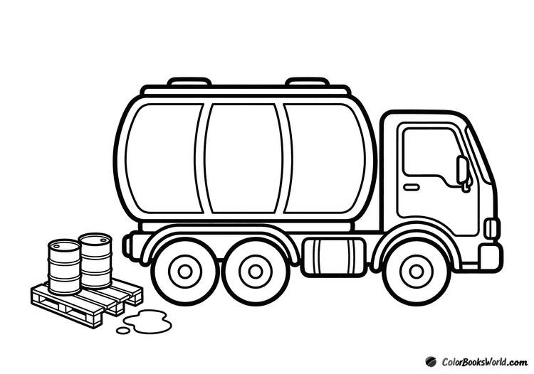 Cartoon tanker truck with a rounded tank, two barrels on a pallet, and a droplet icon.
