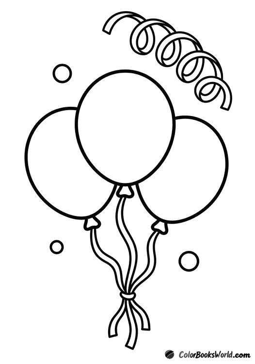 Three helium birthday balloons tied with simple ribbons, with confetti and a curled streamer floating nearby.