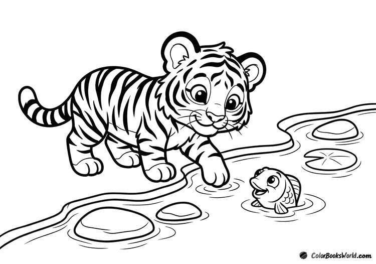 A tiger cub taps the water as a smiling fish peeks out in a shallow stream.