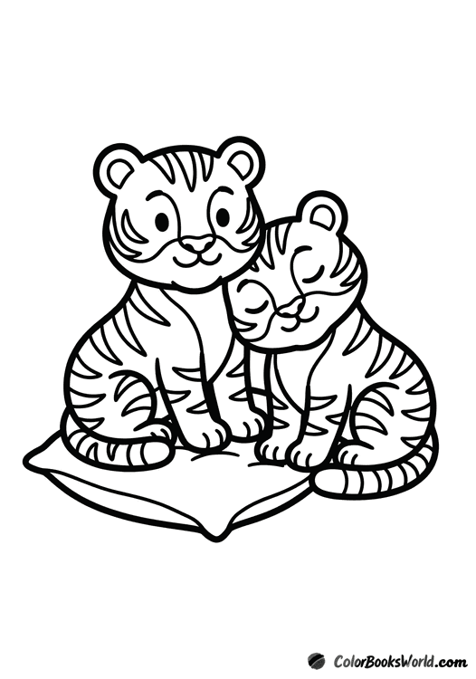 Two tiger cubs cuddling on a small pillow, one resting its head on the other.