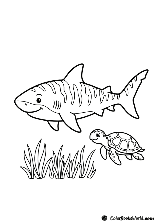 A smiling cartoon tiger shark swims calmly beside a sea turtle among seagrass.