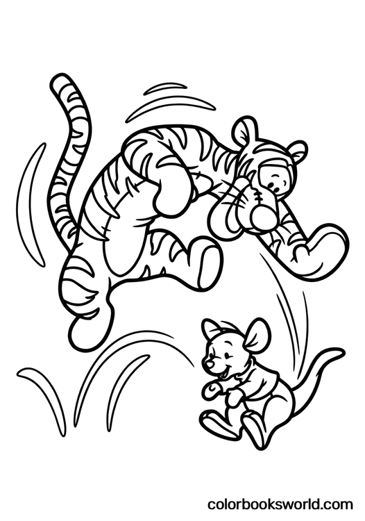 Tigger bounces high in mid-air while little Roo laughs below.