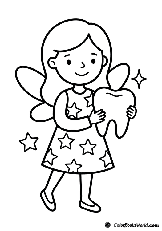 A smiling tooth fairy holds a large cartoon tooth, with a small star and sparkle beside it.