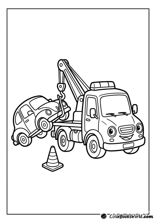 Cartoon tow truck lifting a small car with a hook, with a traffic safety cone nearby.