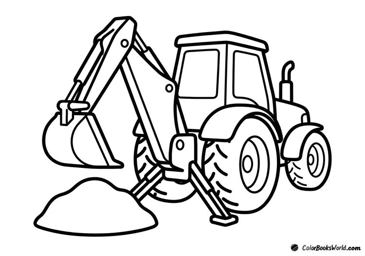 Cartoon tractor seen from the side and rear with a backhoe arm and a small dirt pile.