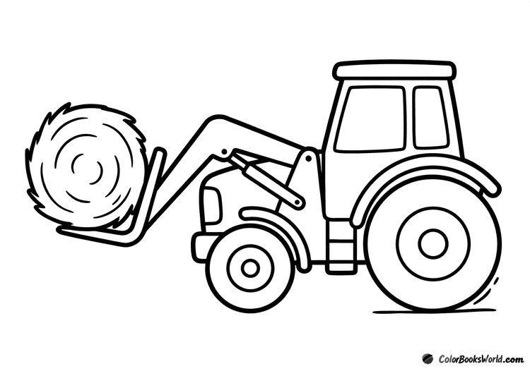 Side view of a cartoon tractor using a front loader to lift a round hay bale.