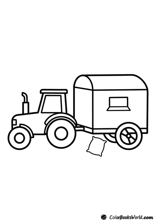 Side view of a cartoon farm tractor pulling a feed wagon, with a small sack beside it.