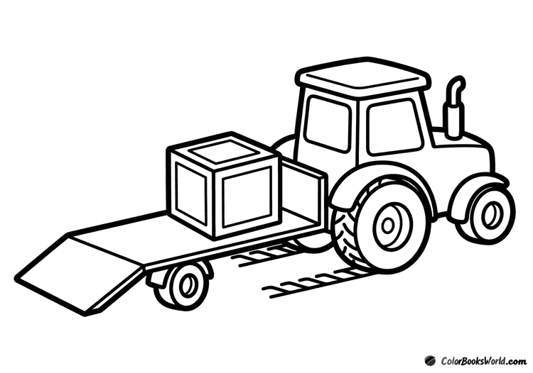 Cartoon tractor in three-quarter view towing a low ramp trailer with one wooden crate.