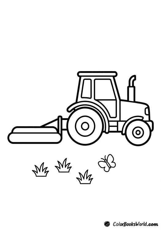 Side view of a cartoon tractor with a mower attachment, grass clumps, and a small butterfly.