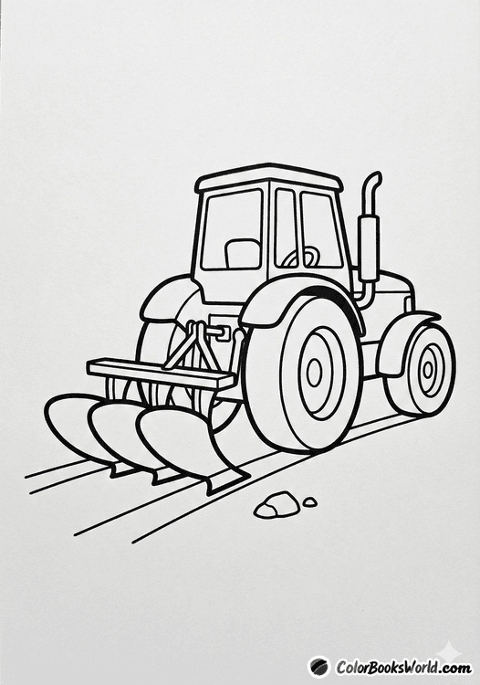 Cartoon farm tractor in 3/4 view with a two-blade plow and a small rock nearby.