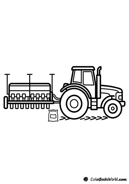Side view of a cartoon tractor towing a simple seed drill, with a seed bag nearby.