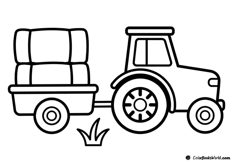 Side view of a cartoon farm tractor pulling a trailer with two hay bales.
