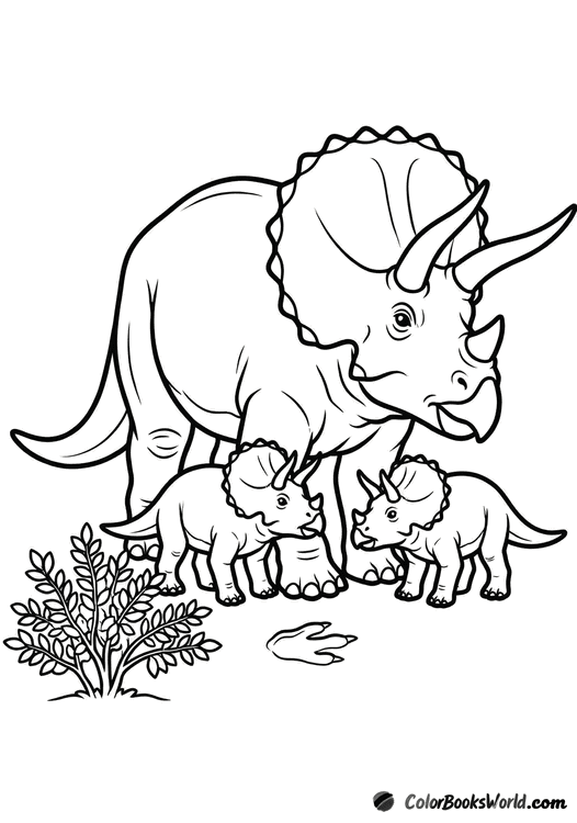 A mother triceratops stands protectively over two babies beside a small shrub and a shallow footprint.