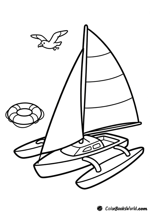 Cartoon trimaran sailboat with three hulls, a seagull flying above, and a life buoy in the water.