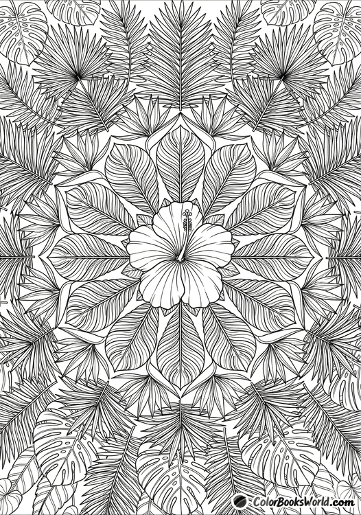 Tropical mandala with a hibiscus flower, palm fronds, and monstera leaves in symmetry.