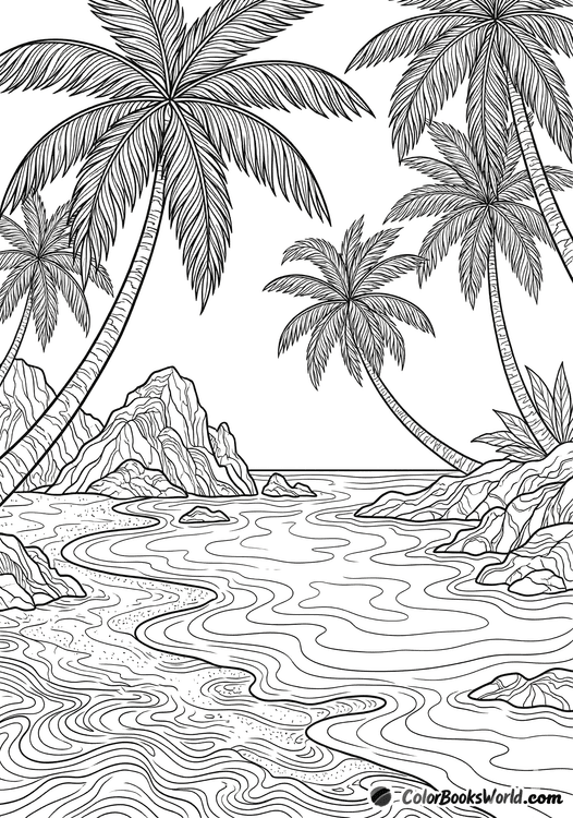 Leaning palm trees on a tropical beach beside a calm lagoon with rocky outcrops.