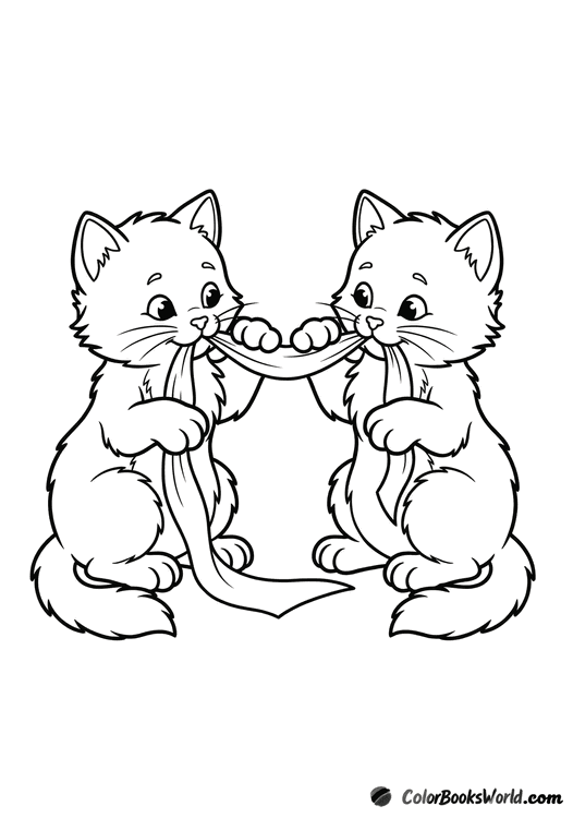 Two fluffy kittens sit facing each other, tugging on a wide ribbon between them.