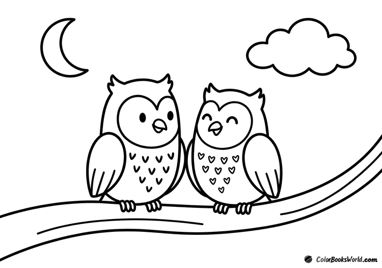 Two cartoon owls sit close together on a branch beneath a crescent moon and a cloud.