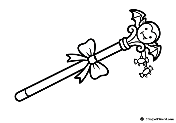 Ornate vampire cane with a smiling face topper, fang charms, and a bow.