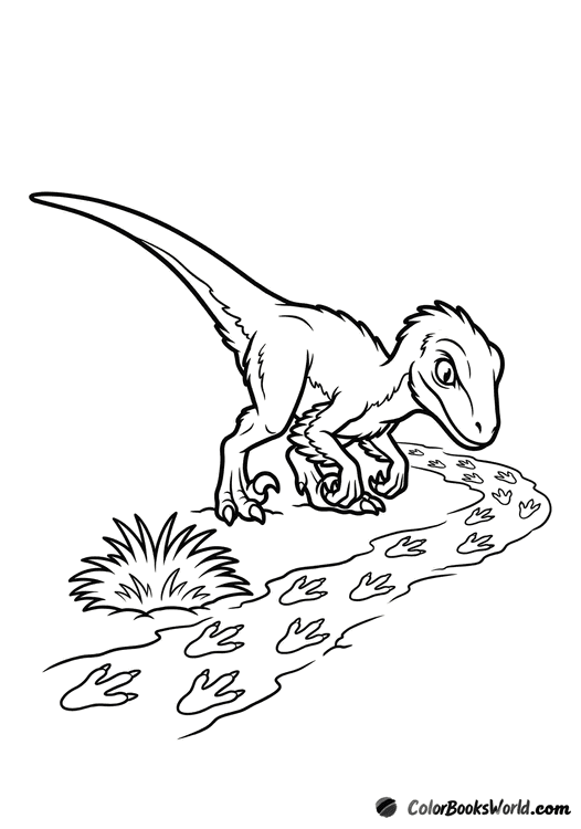 An alert cartoon velociraptor follows a line of footprints in soft ground beside a grass tuft.