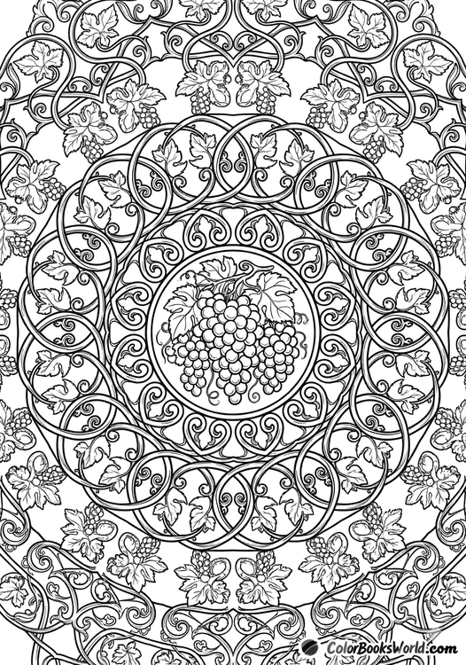 Detailed mandala with grape clusters and intertwined vine leaves in a vineyard style.
