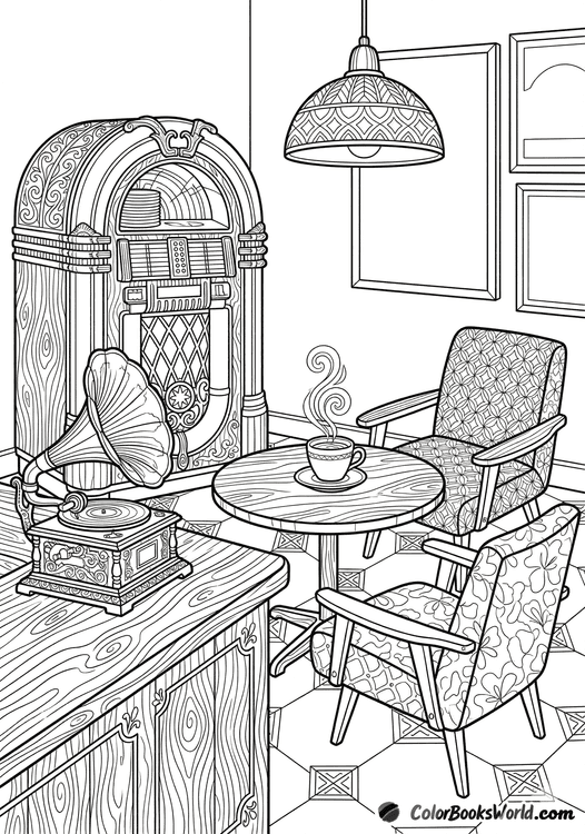 Detailed line art of a 1950s cafe with a jukebox, gramophone, and a steaming cup of coffee on a table.