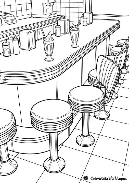 Detailed line art of a 1950s diner counter with swivel stools, milkshakes, and a checkered floor.