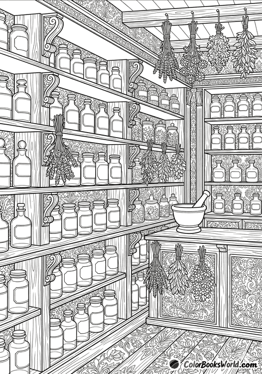 Detailed line art of a vintage apothecary with jars on wooden shelves, dried herbs, and a mortar and pestle.