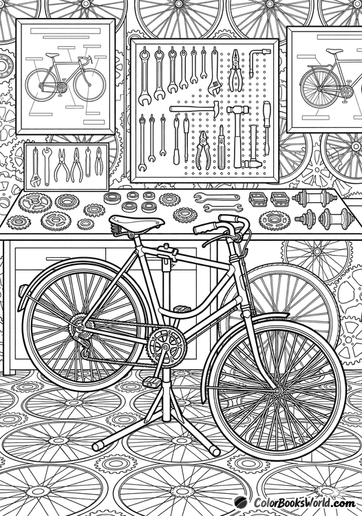 Detailed line art of a vintage bicycle in a repair shop with tools and wheel patterns.