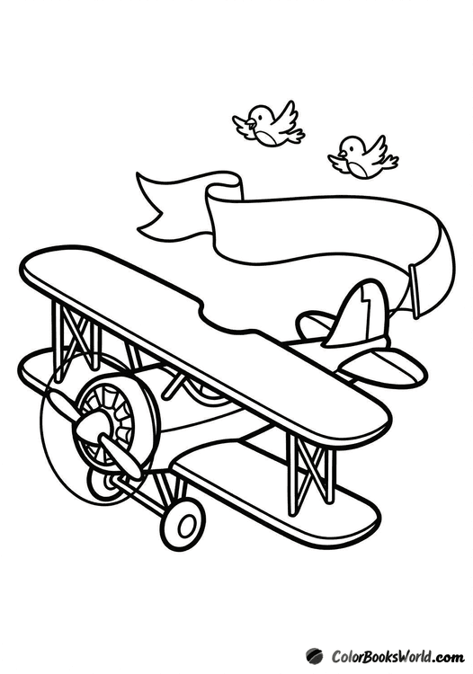 A vintage biplane flies through the sky pulling a blank banner, with two small birds nearby.