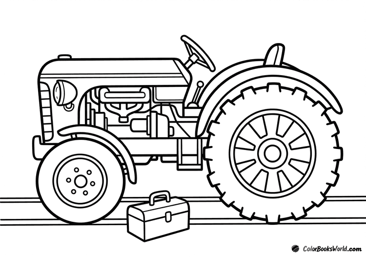 Side view of a vintage farm tractor with rounded fenders, a headlamp, and a toolbox.